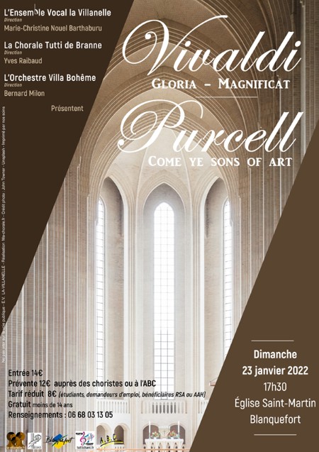 Concert VIVALDI - PURCELL Ensemble vocal La Villanellke - la chorale Tutti de Branne et l'orchestre Villa Bohême Concert VIVALDI - PURCELL Ensemble vocal La Villanellke - la chorale Tutti de Branne et l'orchestre Villa Bohême